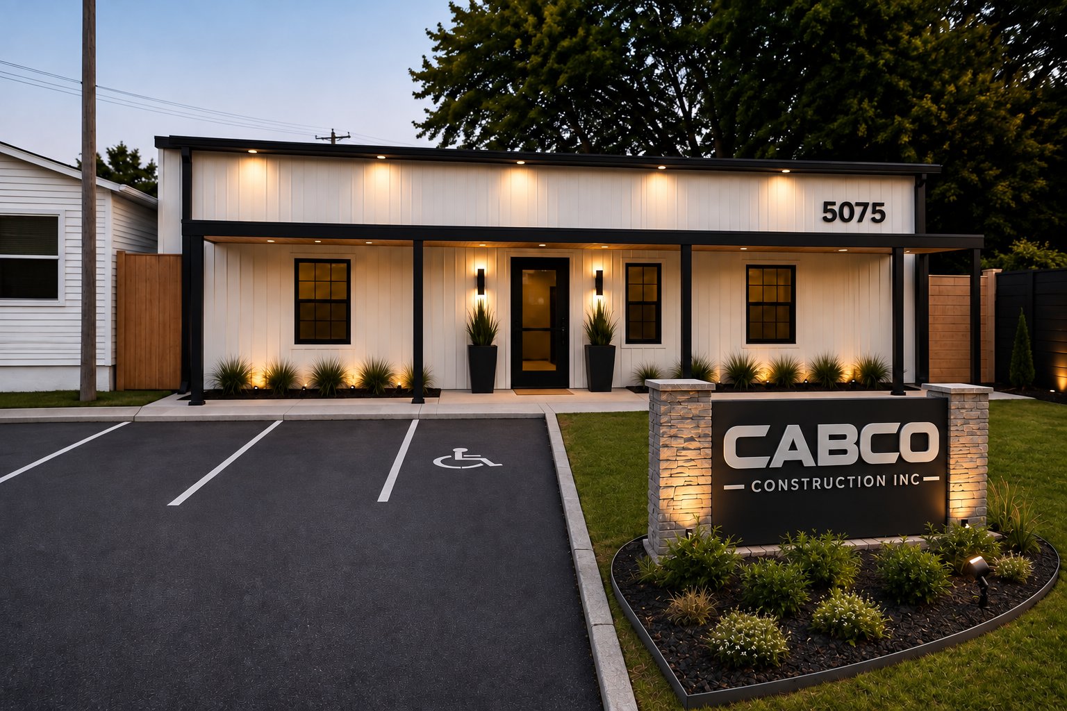 CABCO Construction Inc. office at 5075 Old Summer Road in Memphis, with the lit CABCO Construction Inc. monument sign out front
